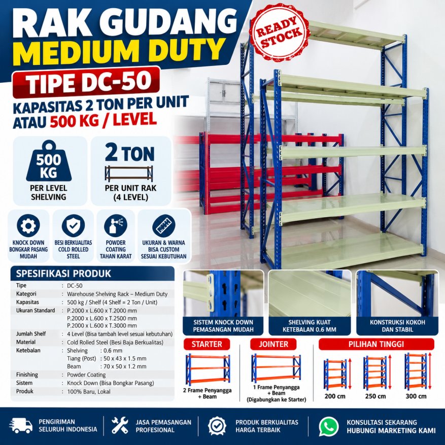 RAK GUDANG MEDIUM DUTY DC-50 KAPS 2 TON PER UNIT ATAU 500 KG/LEVEL | RAKBESIGUDANG.ID